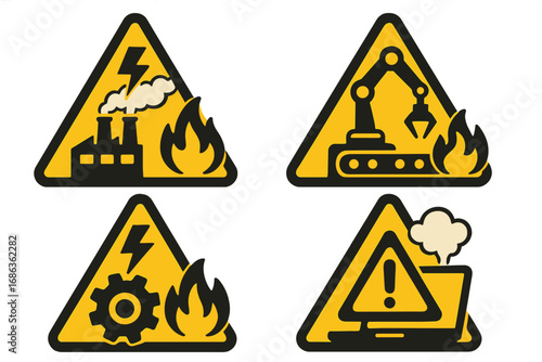 Set of factory warning symbols. Industrial malfunction and manufacturing hazard icons. Workplace safety signs for fire, electrical, and technology failure. Vector illustration.
