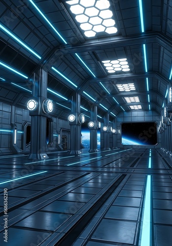 Futuristic corridor of a spaceship interior, gleaming with blue neon and distant earth view for space exploration