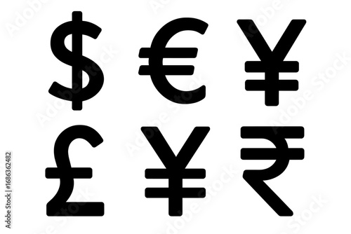 Set of global currency symbols. Dollar, euro, pound, yen, and rupee signs. Money icon collection for finance, business, banking, economy and exchange. Vector illustration.