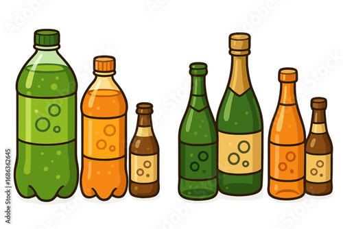 Various bottles of sparkling beverages and soda arranged in two groups showcasing different colorful designs and sizes, vector cartoon illustration with transparent background
