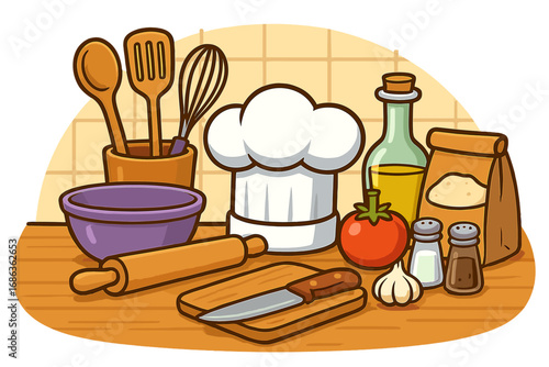 Vector cartoon illustration of cooking and baking ingredients. Chef hat, kitchen utensils, flour, oil, vegetables on a wooden table. Culinary, gastronomy, food preparation concept.