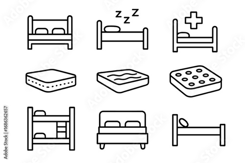 Bed and mattress line icon set. Vector collection of furniture for sleep and rest. Includes hospital, bunk bed, orthopedic and memory foam mattress. Editable stroke for web.