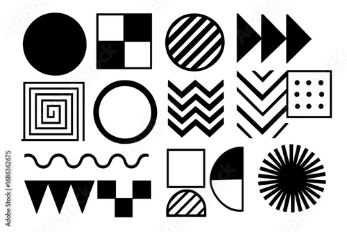 Diverse black geometric shapes and patterns collection, abstract vector design with clear transparent background, cartoon style ordered set of modern graphic elements