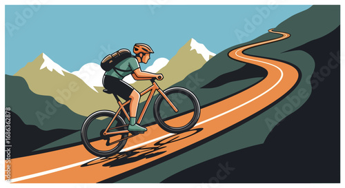 A determined cyclist with a backpack ascends a winding alpine road in this vector illustration of a mountain biking adventure