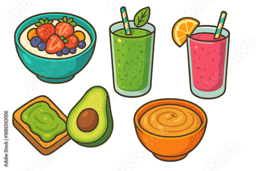 Healthy food and breakfast icon set. Green and fruit smoothie, oatmeal with berries, avocado toast, dip. Vector cartoon illustration for diet, nutrition, clean eating menu.