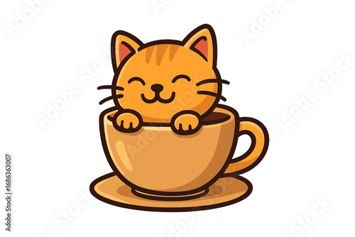 Cute happy cat in coffee cup. Kawaii cartoon ginger kitten character. Funny smiling feline in a mug. Pet cafe mascot logo design. Vector illustration for coffee shop.