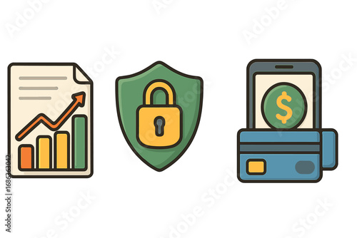 Fintech icon set for digital finance. Data analysis, secure payment, and mobile banking vector icons. Financial technology, investment growth, and cybersecurity concept cartoon.