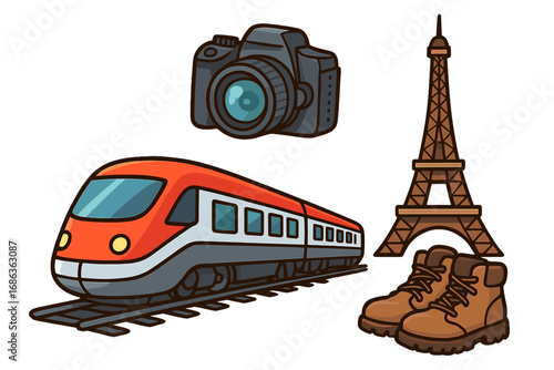 Vector travel elements set for a trip to Paris. Tourism and adventure icons with a train, photo camera, the Eiffel Tower landmark, and hiking boots. Journey vacation concept.