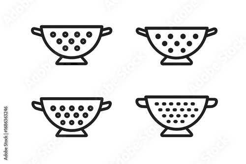 Minimalist line icons of kitchen colanders in various styles, vector cartoon illustration with transparent background, ordered set of simple strainer symbols for cooking and food preparation