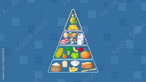 Animated Food Group Pyramid Assembles on Blue Digital Background