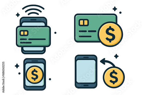 Digital payment methods vector icon set. Financial transaction and mobile banking concept. Money transfer, contactless pay, online shopping, smartphone wallet and credit card.
