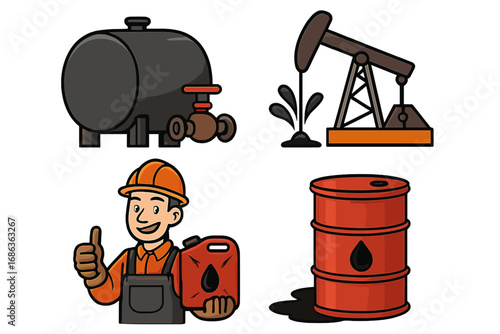 Oil industry vector icon set. Cartoon collection with petroleum worker, pumpjack, fuel barrel, and storage tank. Energy, gas, and fossil fuel concepts for graphic design.