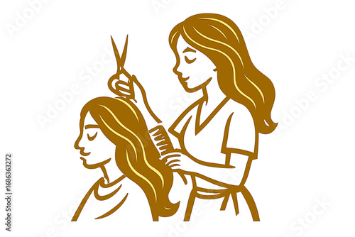 Hairstylist cutting long hair with scissors. Vector illustration of a hairdresser working on a female client. Concept for a beauty salon, coiffeur, spa, or hair care brand.