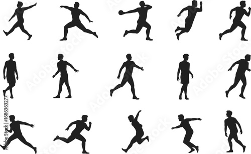 Sixteen human silhouettes in athletic poses — running, jumping, throwing, walking, dynamic movement grid for sports, animation, or biomechanics illustration