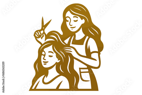 Hairstylist cutting long hair. Hairdresser with scissors and client in beauty salon. Vector illustration for hair care, haircut, beauty treatment, wellness, spa, and coiffure.