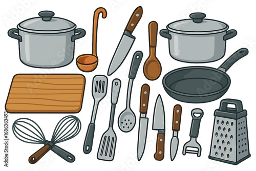 Kitchen utensils set for cooking. Culinary equipment collection. Pot, pan, knife, spoon, ladle, grater, whisk. Home cook tool. Vector cartoon illustration for gastronomy.