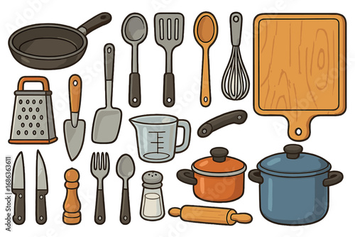 Set of kitchen utensils. Cooking tools and equipment. Cookware for home cooking, food preparation. Pan, pot, knife, fork, spoon, whisk. Vector cartoon illustration icons.