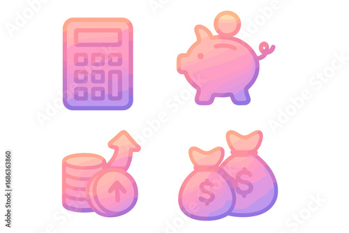 Soft Gradient Financial Icons Set with Calculator, Piggy Bank, Coins, and Money Bags, Vector Cartoon Illustration, Transparent Background, Business and Finance Symbols Collection