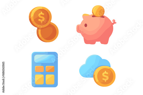 Soft gradient financial icons set featuring piggy bank, coins, calculator, and cloud with money. Vector cartoon illustration with transparent background, ordered flat finance symbols