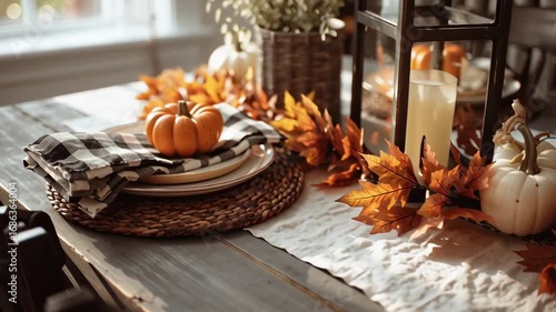 Cozy autumn table setting with pumpkins and fall decorations  