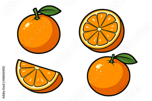 Orange fruit vector illustration set. Fresh cartoon citrus half, slice and whole fruit. Healthy food icon for juice label, organic diet or vitamin c concept. Natural symbol.