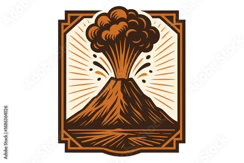 Vintage art deco volcano eruption logo. Retro mountain explosion print illustration. Natural disaster emblem with lava and smoke. Geothermal energy concept vector badge.