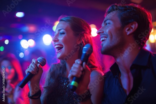 Young Couple Singing Together in a Vibrant Karaoke Night Atmosphere