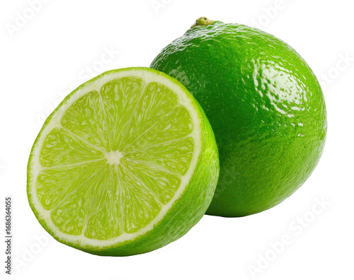 Two vibrant limes, one whole and one halved, displayed close-up.  The halved lime reveals its juicy interior