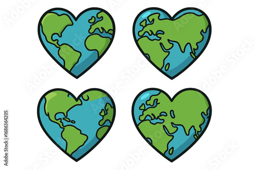 Heart shaped Earth globes. Love the planet concept. World map hearts for environmental awareness, ecology and eco friendly campaigns. Global conservation and sustainability vector.