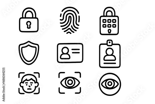 Minimalist Security and Identification Icons Set for Digital Interfaces, Vector Cartoon Illustration with Transparent Background, Padlock, Fingerprint, ID Badge, Facial and Eye Recognition Symbols