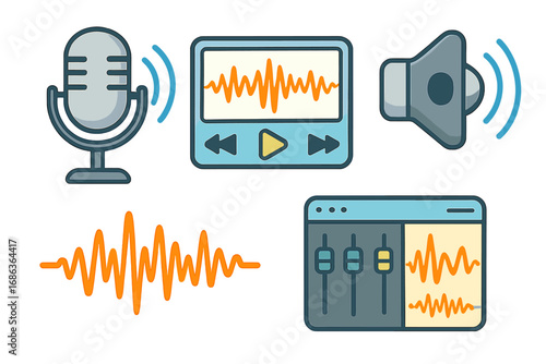 Audio icon set for podcast and music production. Vector concepts for sound recording, streaming, and broadcast. Microphone, sound wave, media player, speaker, and mixer symbols.
