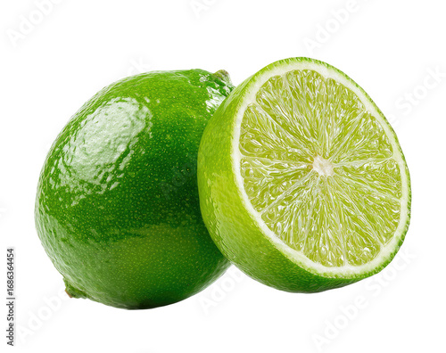 Two vibrant limes, one whole and one sliced in half,  displaying smooth, glossy green skin and juicy interiors