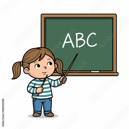 Flat vector illustration of a young girl teaching ABCs on a chalkboard