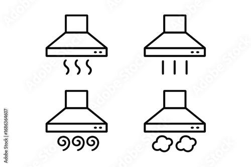 Kitchen exhaust fan line icons set. Cooker hood with steam, smoke, and vapor symbols. Cooking ventilation and air purification concept. Fume extractor outline vector graphic.