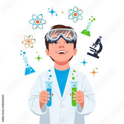 Flat illustration young boy scientist conducting experiment