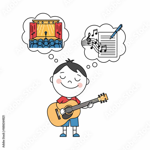 Flat vector drawing boy playing guitar dreaming of stage and music notes