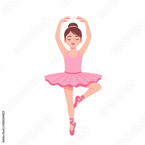 Flat vector illustration of young girl ballet dancer in pink tutu