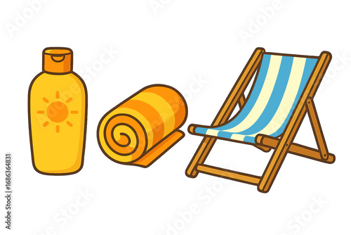 Summer beach essentials vector set. Sunscreen lotion, rolled towel, and deck chair. Vacation and travel icons for sunbathing, relaxation. Sun protection concept cartoon.