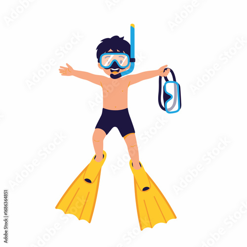 Cartoon boy with snorkeling gear yellow fins happy expression