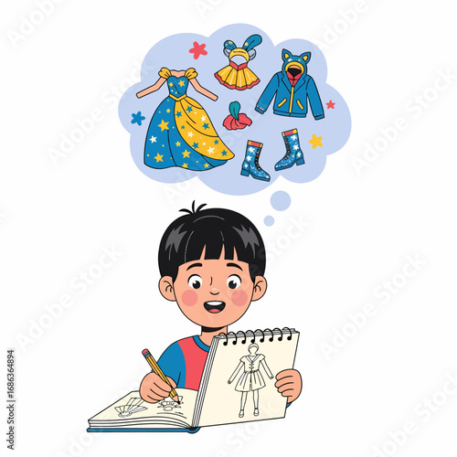 Flat vector boy drawing clothes and dreaming of costumes