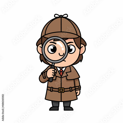 Cute cartoon detective with magnifying glass investigating mystery