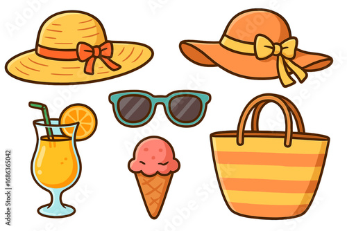 Summer beach essentials vector icon set. Cartoon vacation collection with sun hat, sunglasses, tote bag, cocktail and ice cream. Isolated holiday travel accessories illustration.