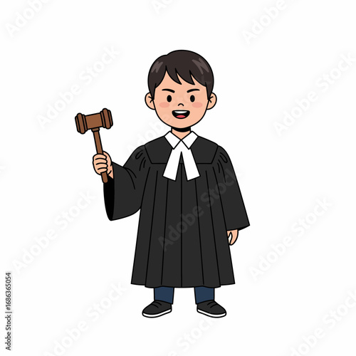 Cartoon judge holding a gavel in courtroom attire