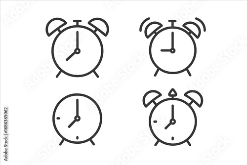 Alarm clock line icon set. Minimalist vector illustration for time management, deadline, and wake up concepts. Simple outline symbol collection for morning routine or schedule.