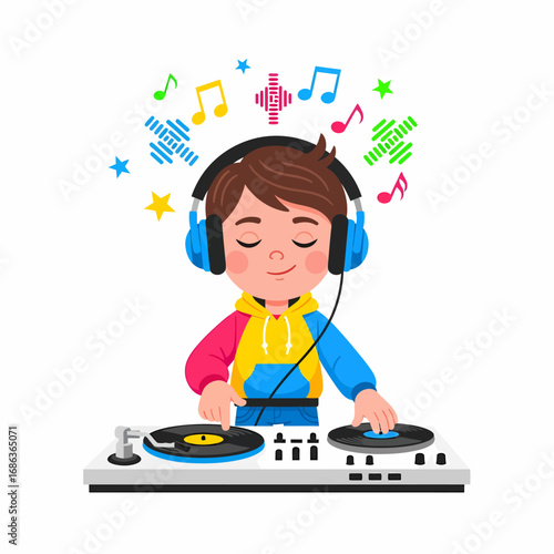 Flat vector boy dj with headphones mixing music
