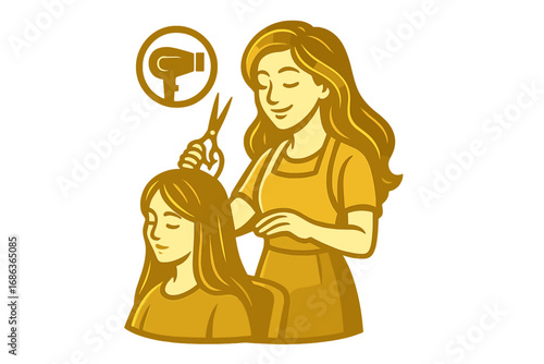 Professional hairstylist giving a haircut to a female client in a beauty salon. Hairdresser with scissors and hairdryer icon. Vector logo for a coiffeur or cosmetology.