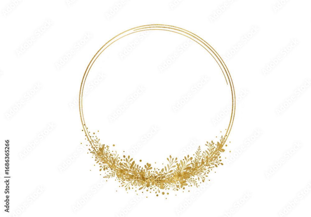 Obraz premium Golden circular frame with floral accents isolated on transparent background