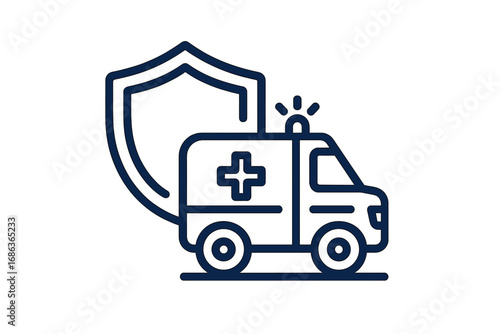Ambulance shield icon for medical insurance and protection. Emergency vehicle symbol for healthcare safety and security. First aid transport and rescue service line art vector.