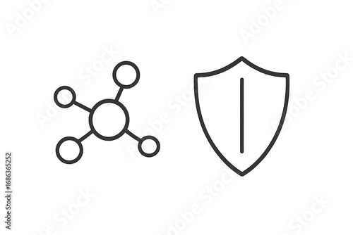 Network security icon, data protection symbol. Shield and hub connection concept. Cybersecurity, antivirus, safety pictogram. Minimal line art vector for web, app, UI, UX design.