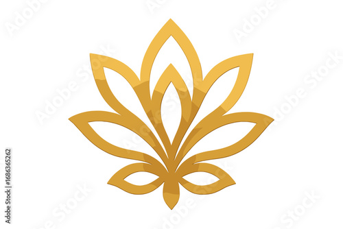 Golden flower logo, abstract lotus symbol for luxury, beauty, spa, yoga. Elegant cannabis leaf icon for cosmetics. Modern floral vector design. Natural wellness branding.